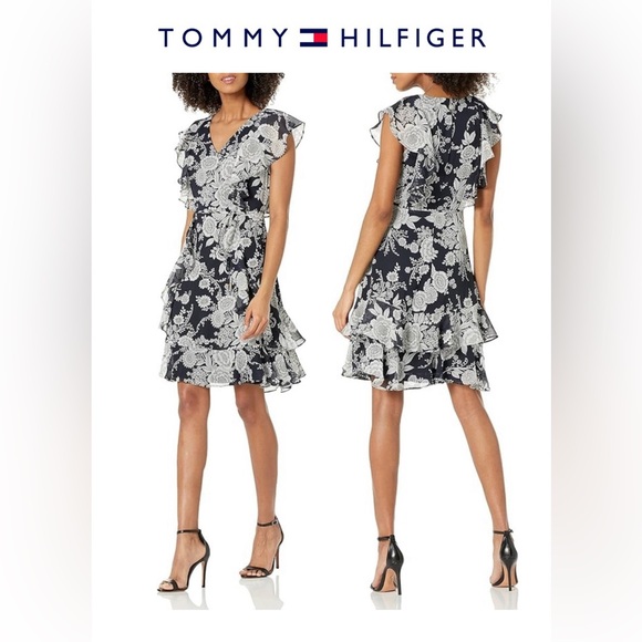 Tommy Hilfiger Women's Floral Print Fit & Flare Dress Blue Size 4 - Picture 1 of 13